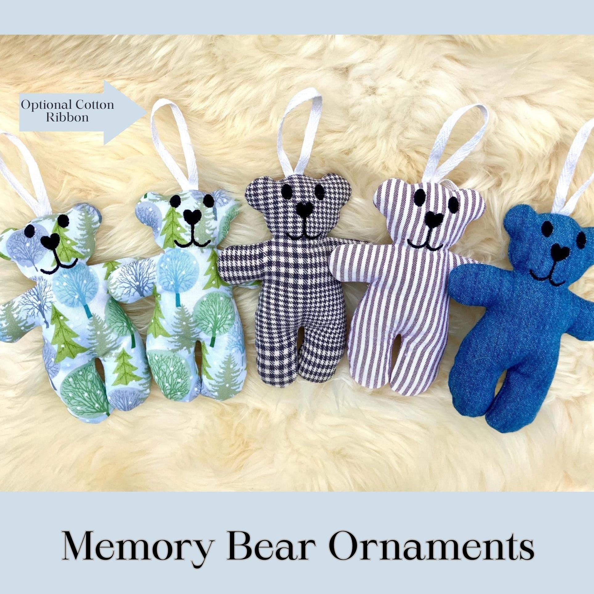 FiveMemory Bear Ornaments with different patterns on a textured surface.